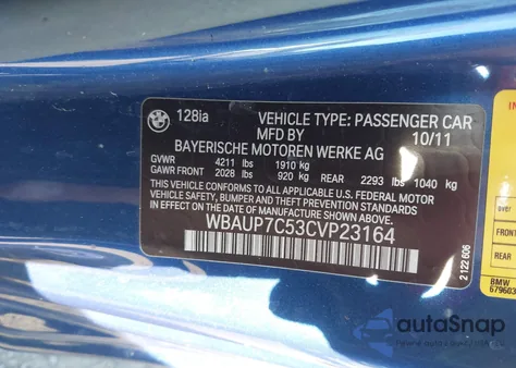 2012 BMW 128I z USA, uszkodzony, nr VIN WBAUP7C53CVP23164